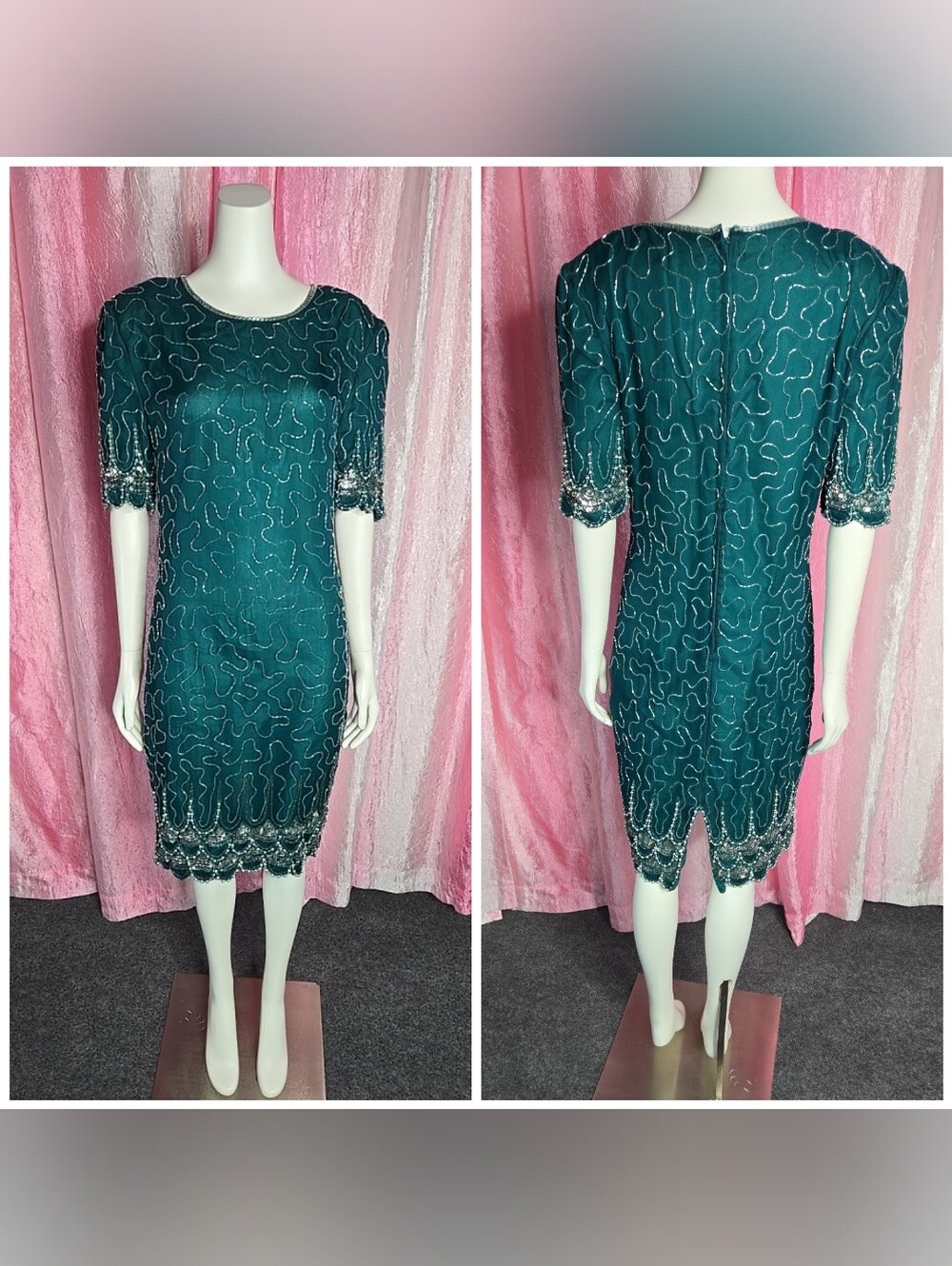 Vintage Green 80's Pure Silk Beaded Cocktail Knee Length Dress Size Medium